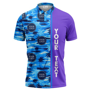 oceanic palm trees & circular logo repeat navy blue tropical beach polo shirt