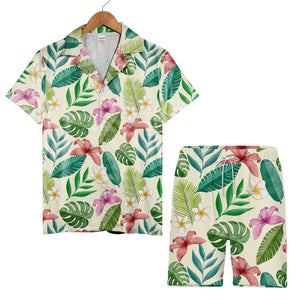 Pale Aqua Blue Watercolor Plumeria Hawaiian Shirt with Ranunculus and Palm