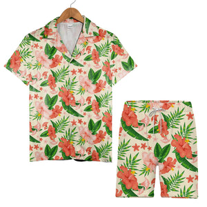Pale Cream Bell Flower Hibiscus Hawaiian Shirt with Banana and Palm Fronds