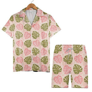Pale Peach Pink Green Monstera Hawaiian Shirt with Speckled Modern Texture