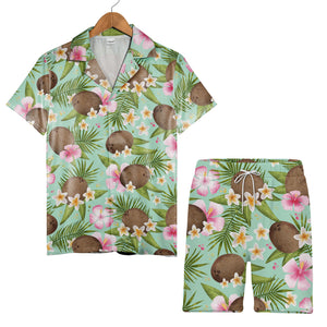 Pale Pink Coconut Cherry Hawaiian Shirt with Banana Leaves and Hibiscus