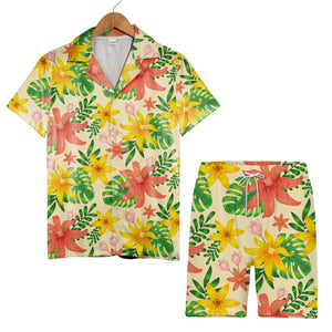 Pale Yellow Pink Hibiscus Hawaiian Shirt with Plumeria and Banana Leaves