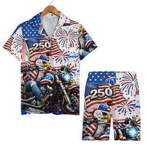 Patriotic Biker Hawaiian Shirt - Bald Eagle Motorcycle & American Flag Print for Men