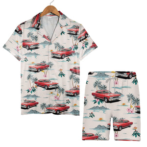Retro Classic Car Hawaiian Shirt with Mountain Sunset Scene