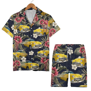 Retro Classic Cars & Hibiscus Tropical Hawaiian Aloha Shirt For Men Hawaiian Shirt