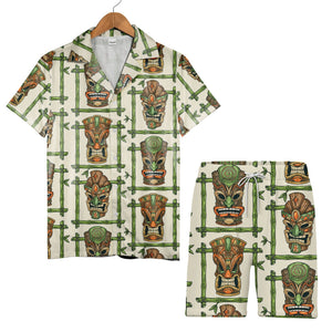 Retro Tiki Mask Hawaiian Shirt with Bamboo Frames on Cream