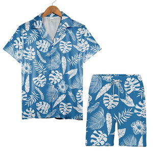 Royal Blue Vintage Distressed Hawaiian Shirt with Monstera and Hibiscus Fern