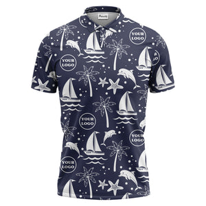 sailboats dolphins palm trees starfish repeat pattern black white polo shirt