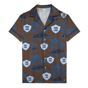 shield logo palm tree island scene navy blue hawaiian shirt for men