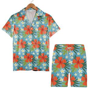 Sky Blue Curved Shape Hibiscus Hawaiian Shirt with Plumeria and Palm Fronds