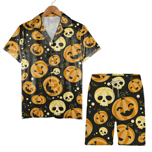 Striped Jack-o-Lantern and Skull Hawaiian Shirt on Charcoal
