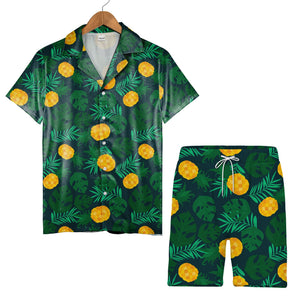 Stylized Pineapple Hawaiian Shirt with Monstera on Dark Teal
