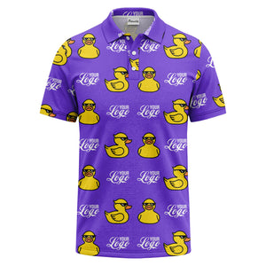 sunglasses rubber duck repeat pattern black yellow fun cartoon golf polo shirt