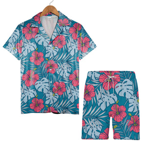 Teal Blue Playful Hibiscus Hawaiian Shirt with Coral Pink and Yellow Blooms