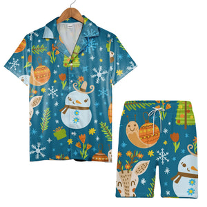 Teal Winter Wonderland Hawaiian Shirt with Deer and Snowman Motifs