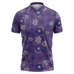 tropical blue floral logo repeating leaves polo shirt for men