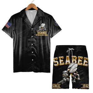 US Navy Seabees Hawaiian Shirt - Patriotic Bee Mascot American Flag Graphic Tee