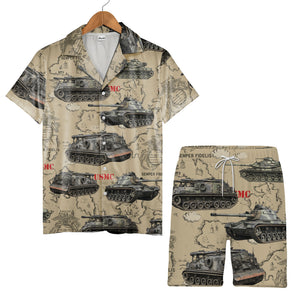 USMC Tank Hawaiian Shirt - Marines Vintage Map Military Vehicles & Eagle Print
