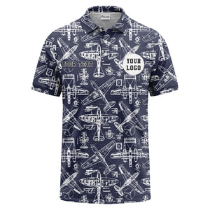 vintage airplane blueprint sketches propeller wings polo shirt for men