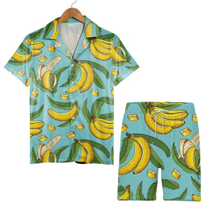 Vintage Etching Banana Hawaiian Shirt with Slices on Light Teal