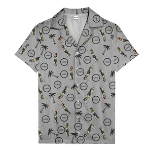 vintage hula dancers palm trees circular logo black hawaiian shirt for men