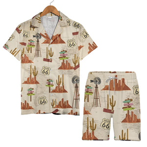 Vintage Route 66 Desert Road Trip Map With Cacti Buttes Aloha Button Down Shirt Hawaiian Shirt