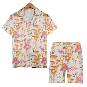Watercolor Chanterelle Mushroom Hawaiian Shirt with Snails and Pink Leaves