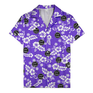 watercolor hibiscus blooms & custom logo navy blue hawaiian shirt