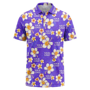 watercolor hibiscus & plumeria black aloha polo shirt for men
