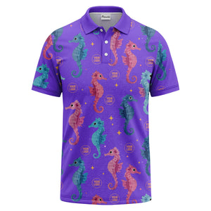watercolor seahorse repeat marine life polo shirt in pink blue