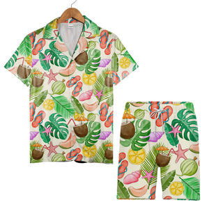 White Retro Doodle Palm Tree Hawaiian Shirt with Pineapple Geometric Pattern