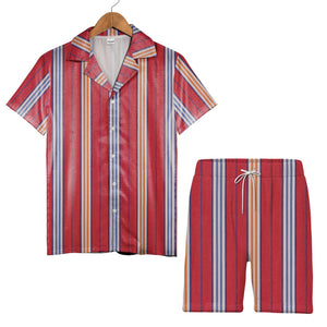 Woven Fabric Texture Stripe Hawaiian Shirt Red White Blue Orange