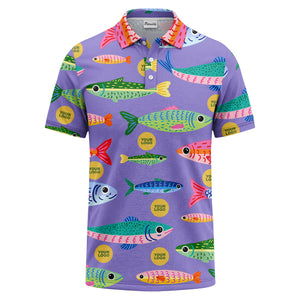 colorful cartoon fish & custom logo repeat all-over print polo shirt
