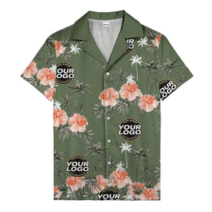 coral pink hibiscus & palm trees on black hawaiian shirt for men