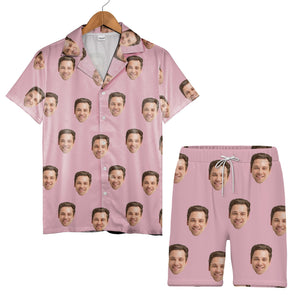 Custom Face Photo Hawaiian Shirt with Repeating Portrait on Pink