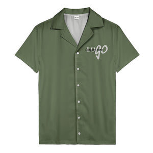 custom logo typography on solid black minimalist modern hawaiian shirt