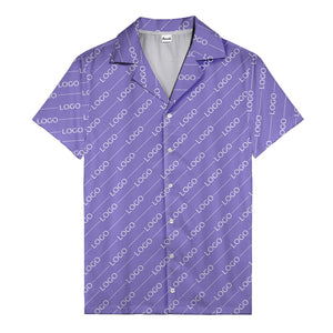 gold diagonal logo repeat pattern on black hawaiian shirt for men