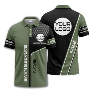 hexagonal grid garage name logo modern automotive polo shirt