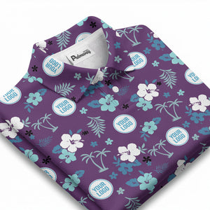 Illustrated Tropical Palm & Hib Floral Polo Shirt For Summer Vacations