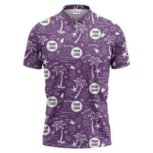 illustrated tropical palm surfboard aloha polo shirt for summer beach vacations