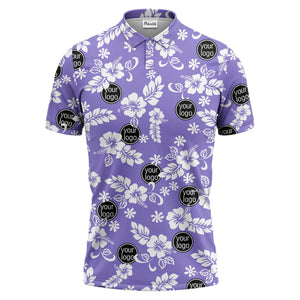 navy blue watercolor hibiscus & custom logo repeat pattern polo shirt