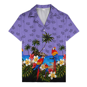 parrot paradise palm trees plumeria beach scene hawaiian shirt