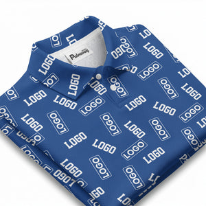 repeating logo splash blue white illustrated fun polo shirt for men