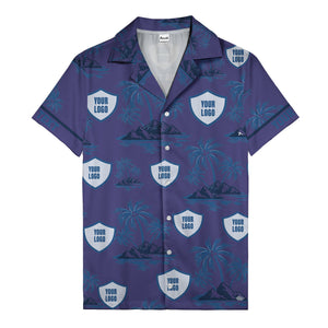 shield logo palm tree island scene navy blue hawaiian shirt for men