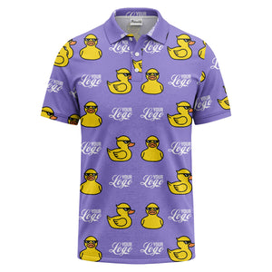 sunglasses rubber duck repeat pattern black yellow fun cartoon golf polo shirt