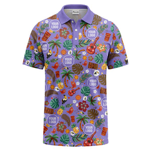 tiki masks palm trees ukuleles watercolor print polo shirt for men