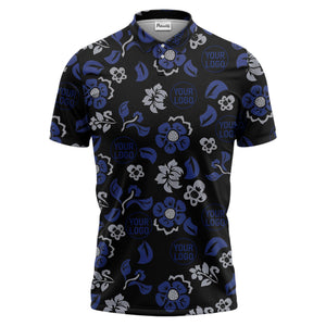 tropical blue floral logo repeating leaves polo shirt for men
