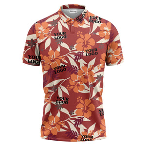 tropical illustrated floral paradise polo shirt bursting with hibiscus and palm leaves