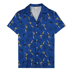 vintage hula dancers palm trees circular logo black hawaiian shirt for men
