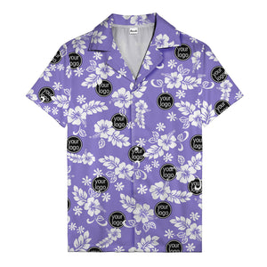 watercolor hibiscus blooms & custom logo navy blue hawaiian shirt